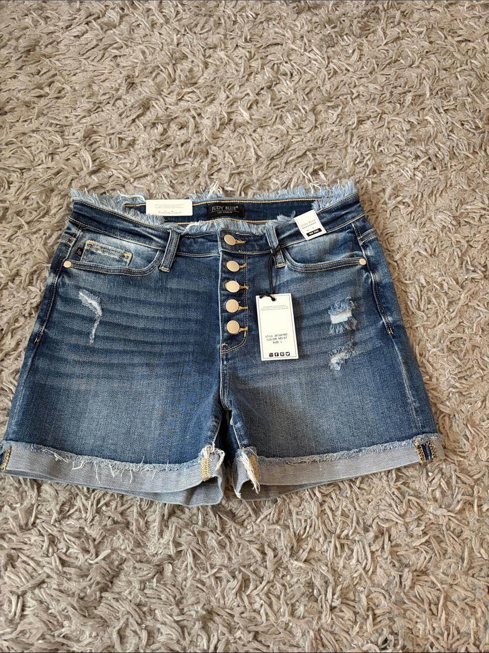 Judy Blue Button-Fly Distressed Denim Shorts in Blue Wash